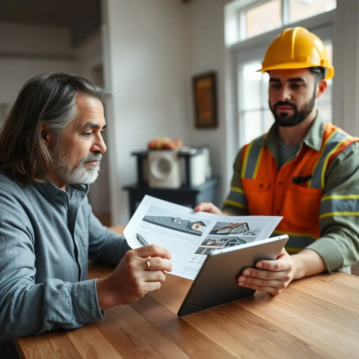 New York homeowner reviewing roof financing paperwork with a contractor