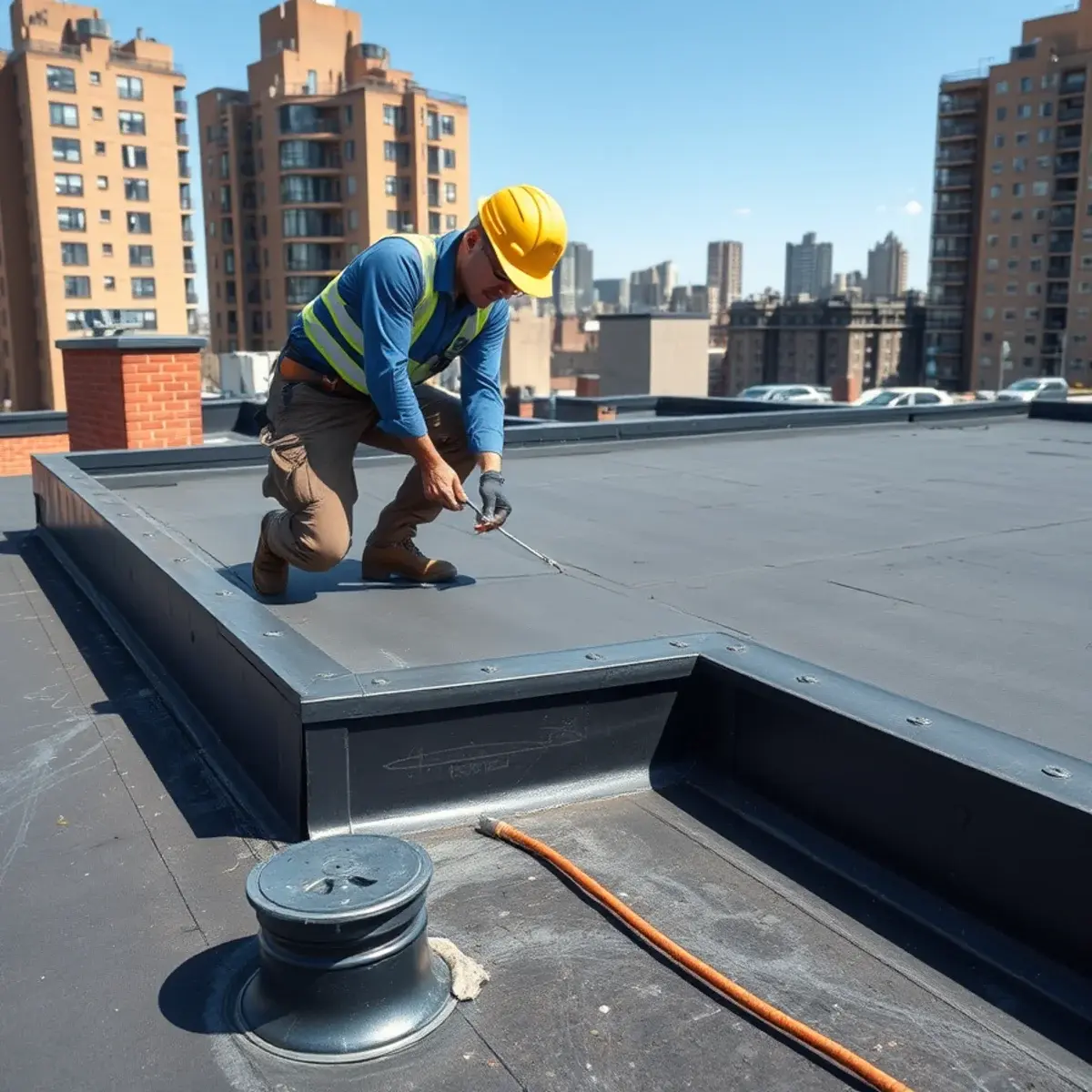 Flat Roofing contractor working on a New City NY home