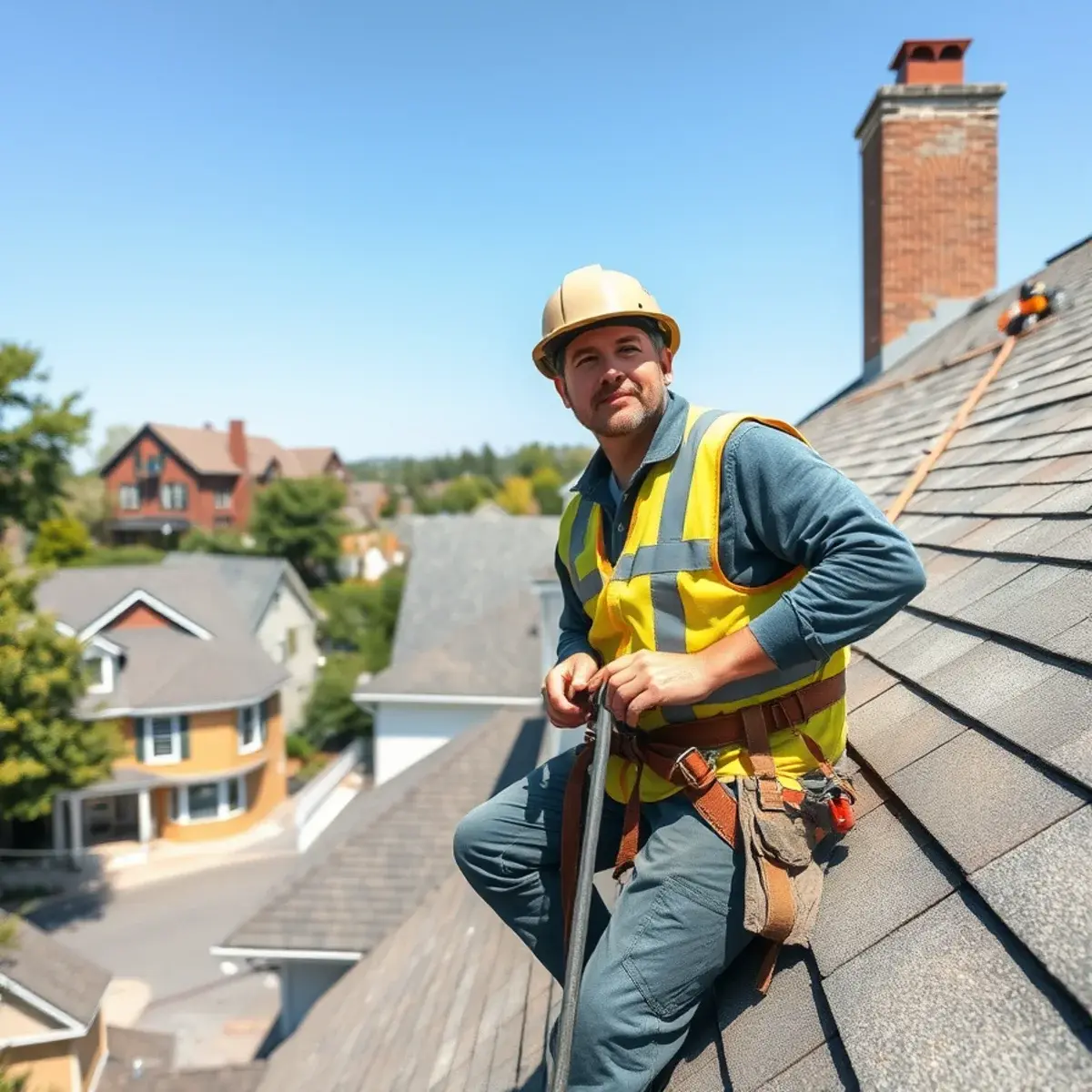 Roofing contractor working on a home in Briarcliff Manor, NY