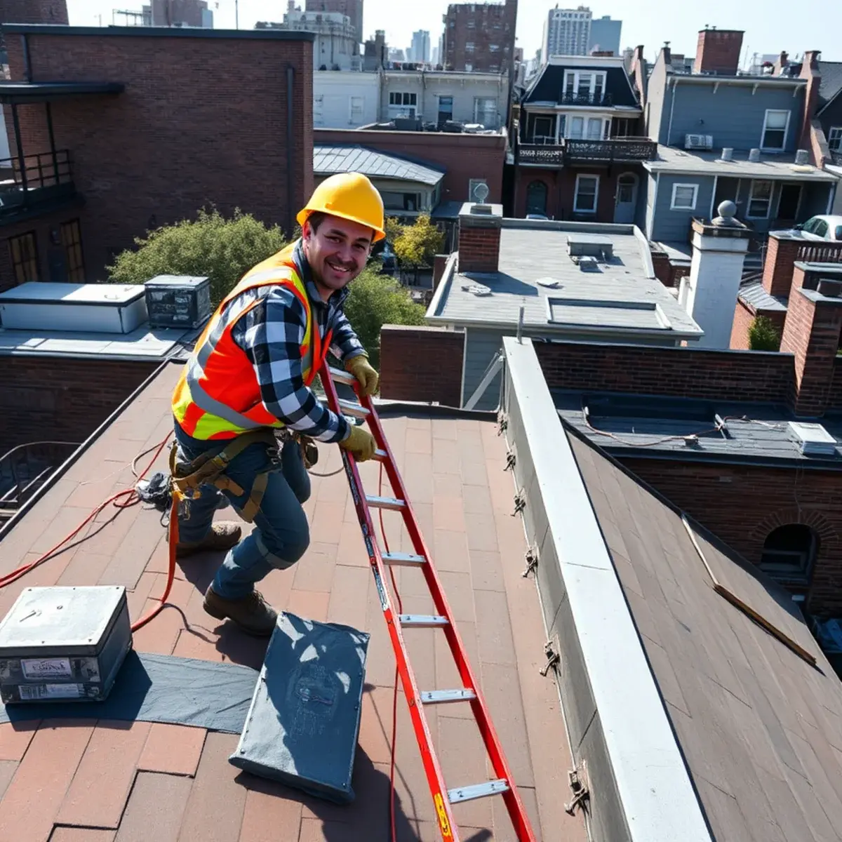 Roofing contractor working on a home in Brooklyn Heights, NY