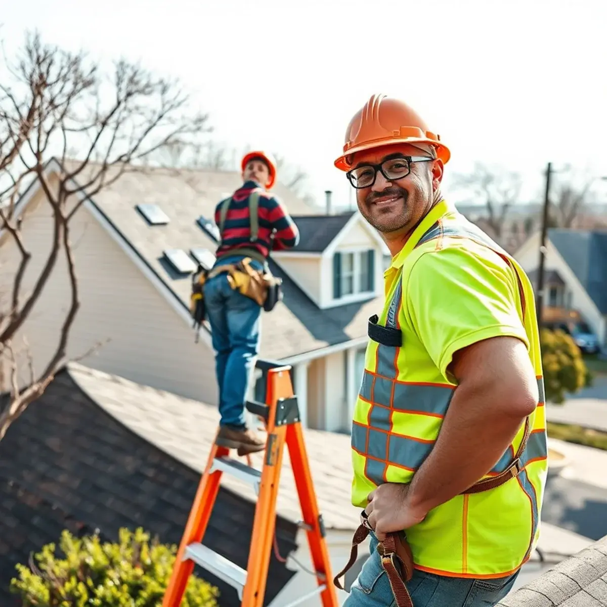 Roofing contractor working on a home in Central Islip, NY
