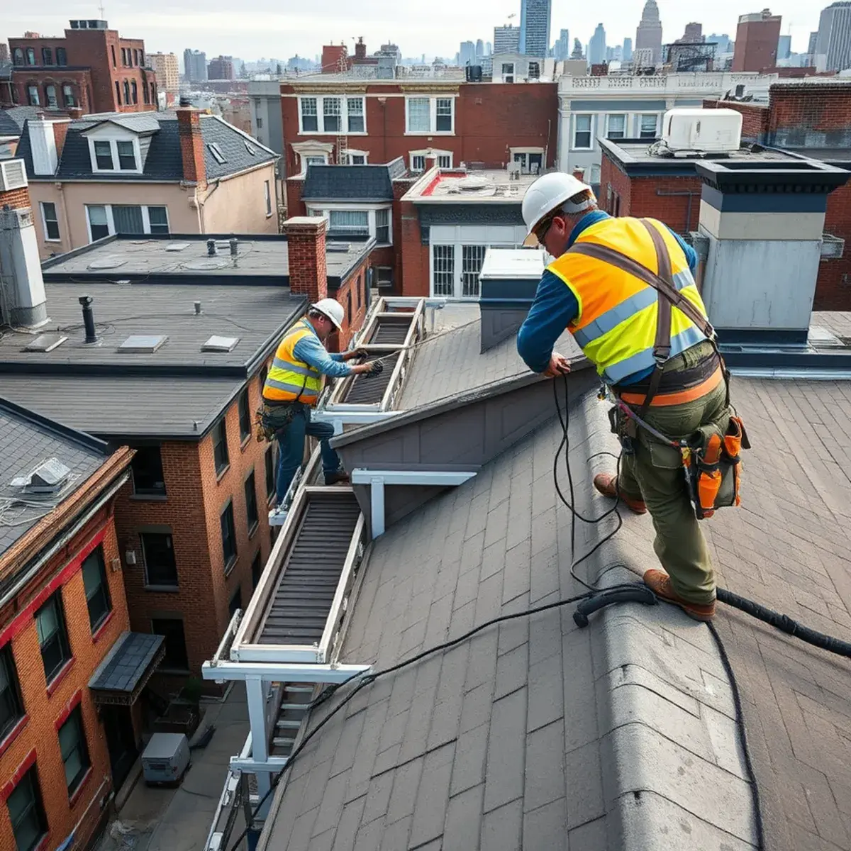 Roofing contractor working on a home in Chinatown, NY