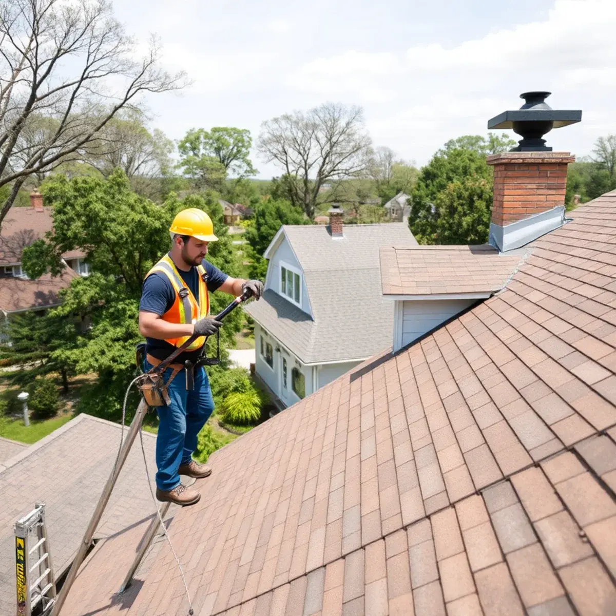 Roofing contractor working on a home in Clarkstown, NY