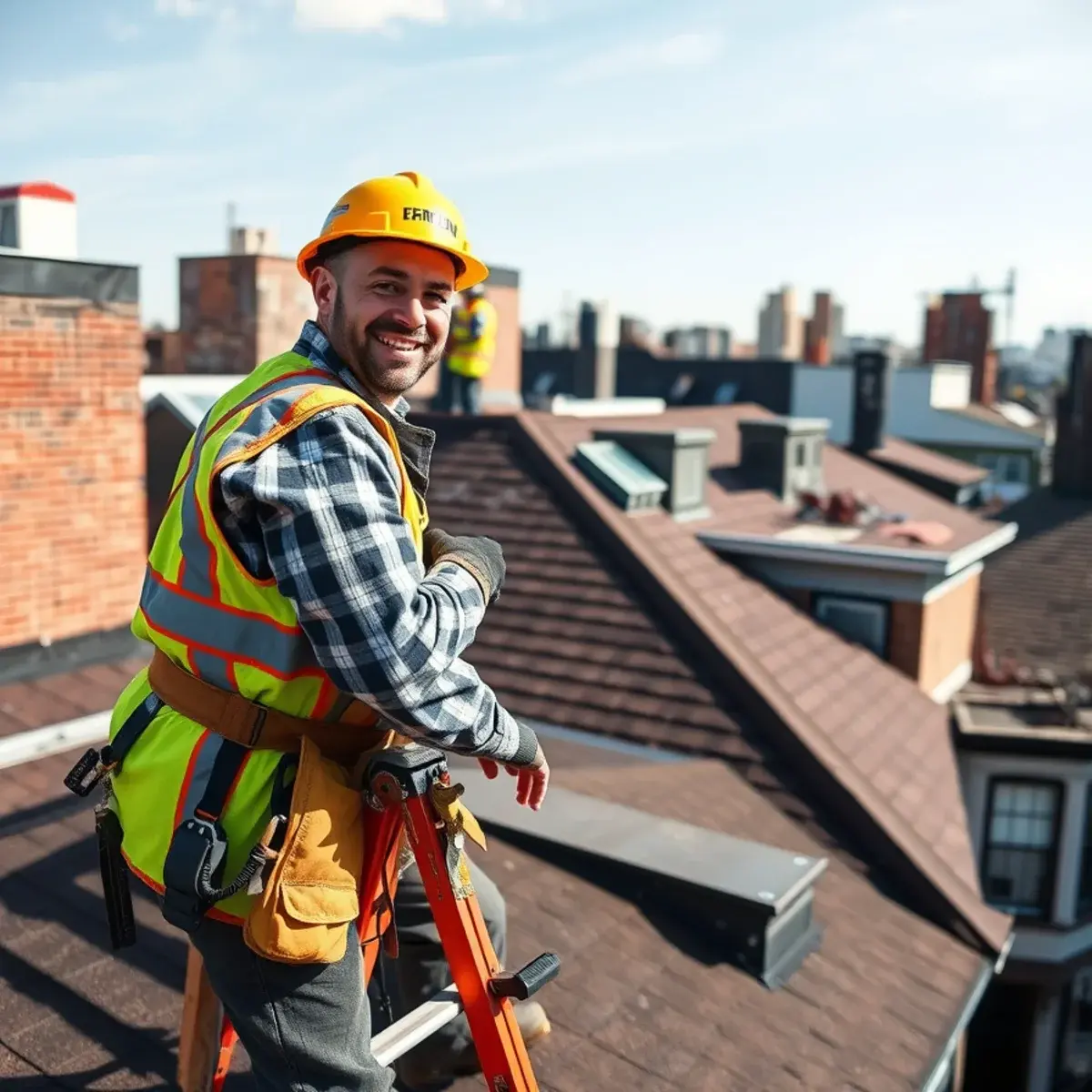 Roofing contractor working on a home in Flatbush, NY