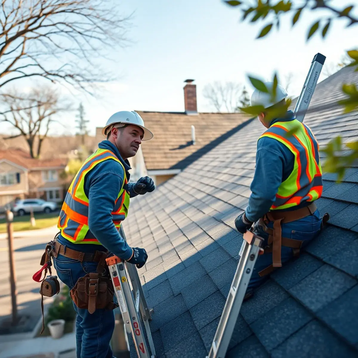 Roofing contractor working on a home in Hauppauge, NY