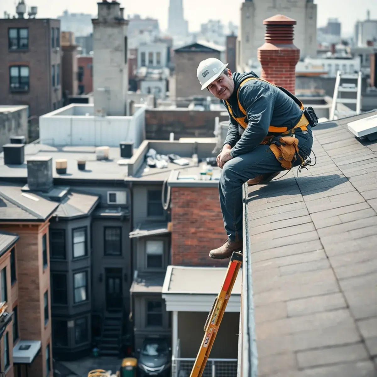Roofing contractor working on a home in Midtown, NY