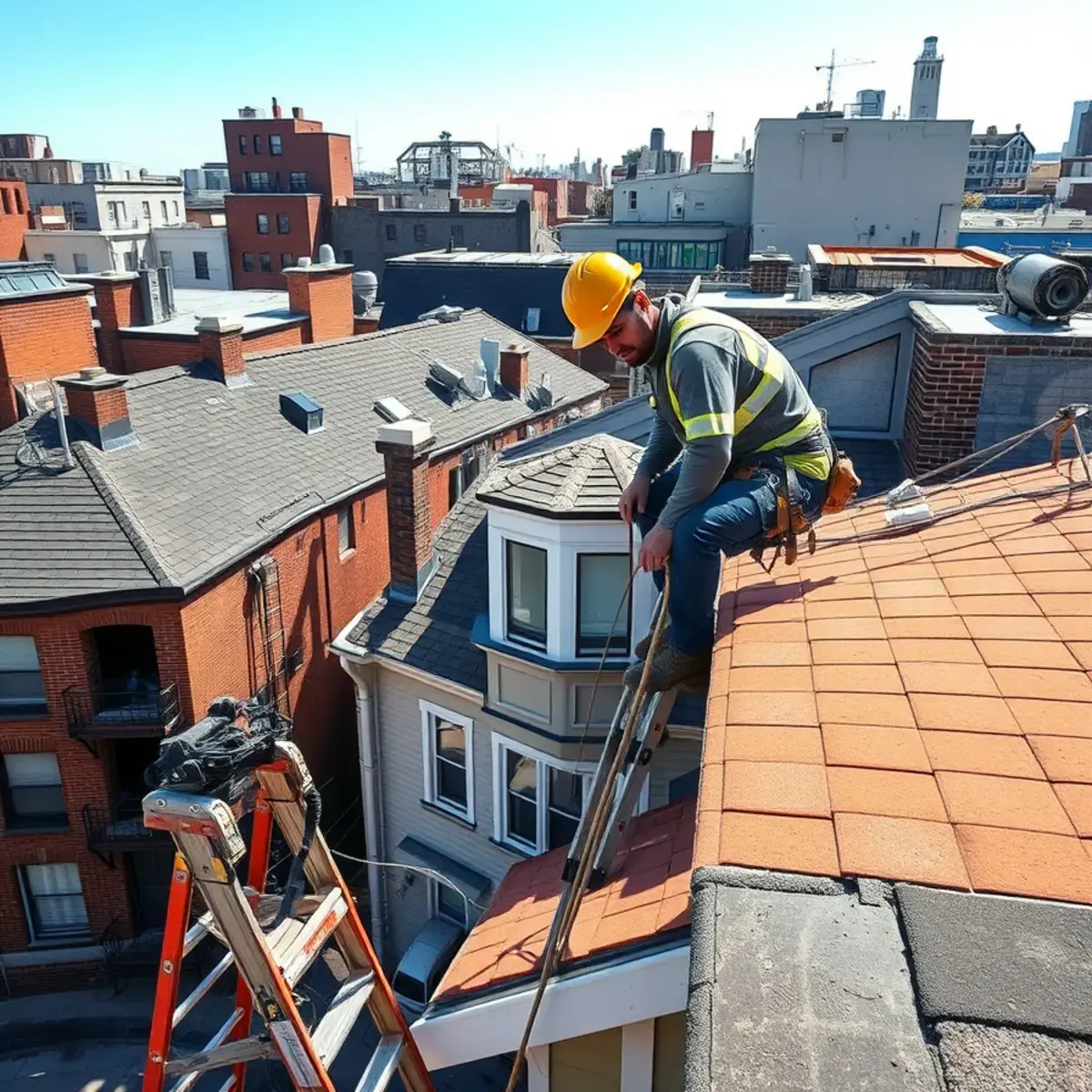 Roofing contractor working on a home in Morningside Heights, NY