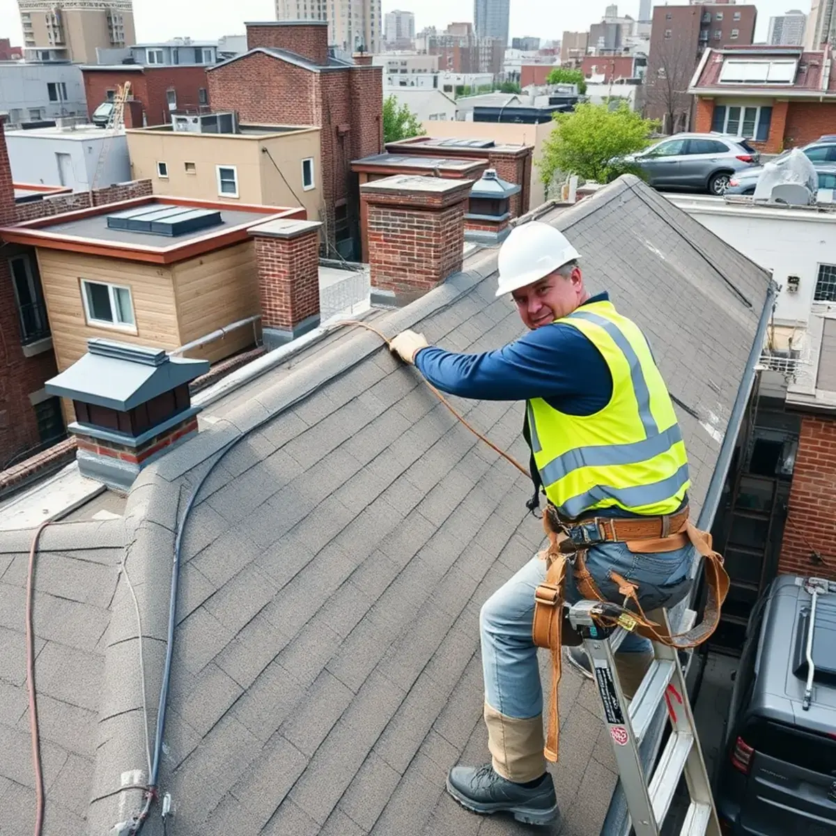 Roofing contractor working on a home in Murray Hill, NY