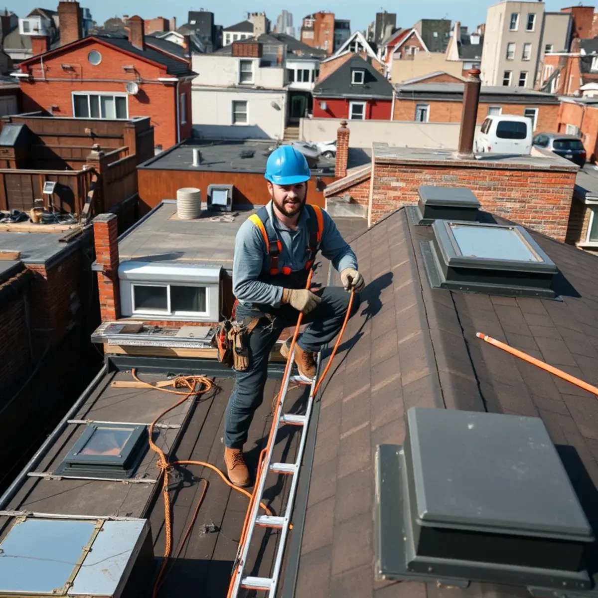 Roofing contractor working on a home in Tottenville, NY
