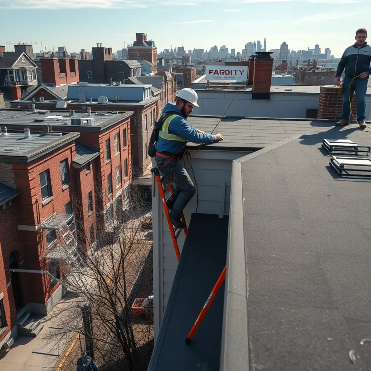 Roofing contractor working on a home in Washington Heights, NY