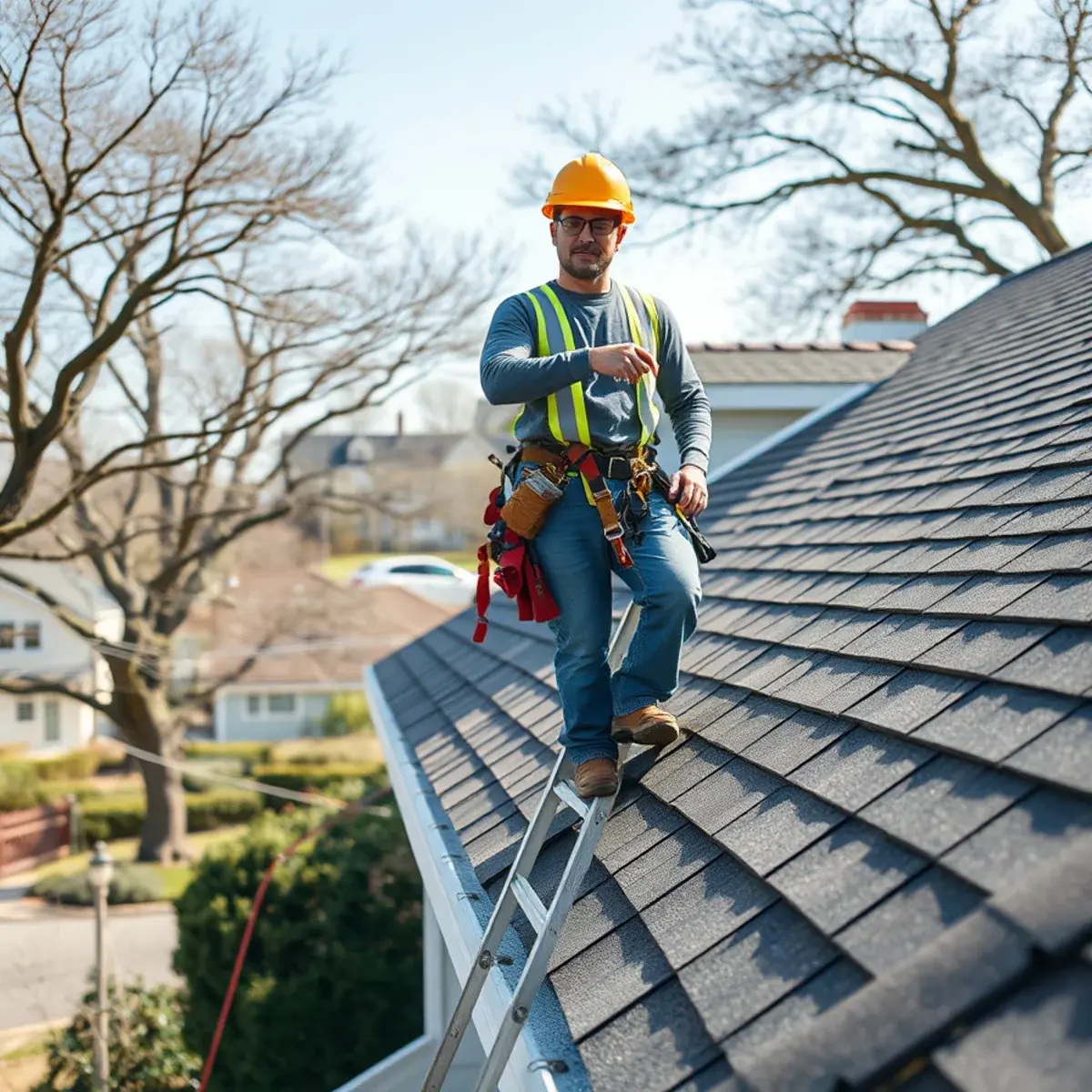 Roofing contractor working on a home in Westhampton, NY